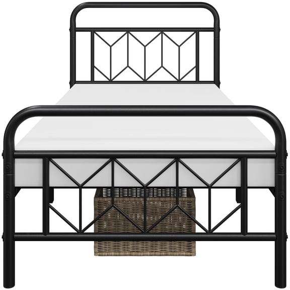 Twin Metal Platform Bed Frame with Diamond Pattern Headboard, Heavy Duty Steel Slat Support, Under Bed Storage Space, No Box Spring Needed, Black