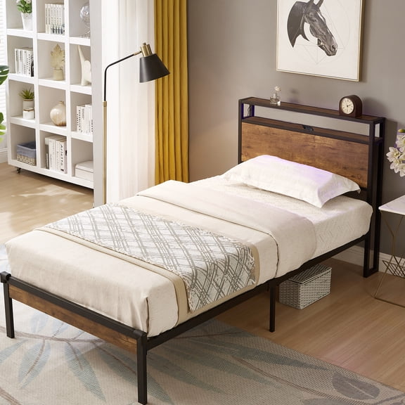 Twin Metal Platform Bed - Wooden Ends, , No Box Spring Needed, Under Large Storage, Black/brown Size With Headboard And Interface, Spring, Storage Available, Easy Assembly Process, Silent, Black +