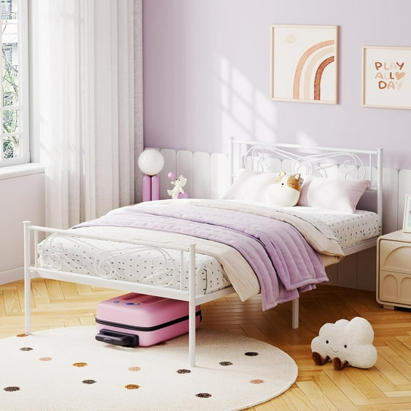 Twin Metal Platform Bed with Headboard & Footboard, Steel Slats Support, Easy Assembly, No Box Spring Needed, Sturdy Twin Bed, White