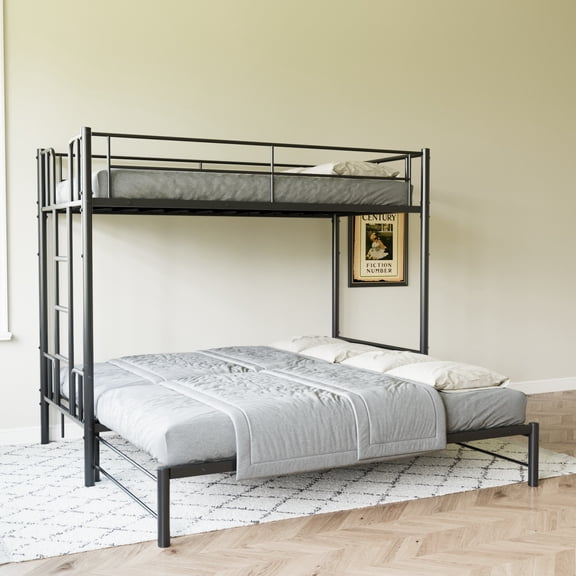 Twin Metal Pull-Out Bunk Bed with Guardrail and Built-In Ladder, Space-Saving Convertible Frame for Bedroom, Black