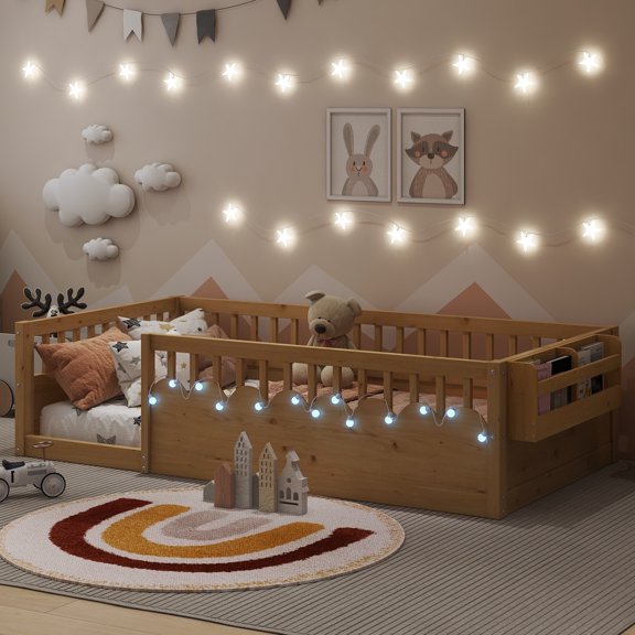 Twin Montessori Floor Bed Frame with High Rails, Wood Floor Beds with Light and Storage Shelf, Natural (Expect Arrival Date 2025/8/15)