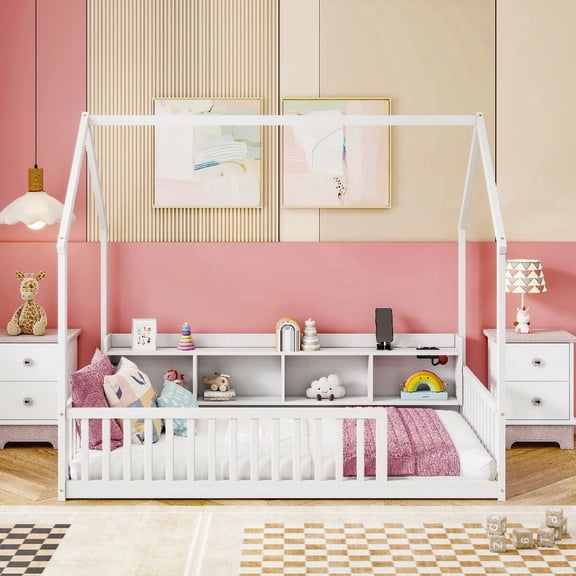 Twin Montessori Floor Bed with House Roof Frame, Pine Wood Kids Bed with Storage Shelves, LED Lights & Charging Station, Safety Guardrail House Bed Frame for Children, Mattress Not Included, White