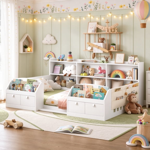 Twin Montessori Floor Bed with High Safety Rails, Bed Frame with Storage Bookcase& Shelves& Fabric Drawers, Sturdy Wooden Platform Bed Frame, White