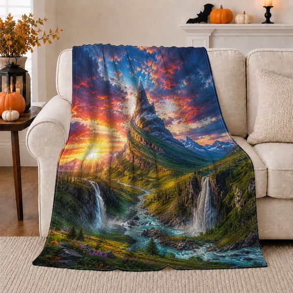 Twin Mountain Waterfalls with Colorful Sunset Sky, Dramatic Rustic Landscape for Nature Lovers, Housewarming Gift, Cozy Flannel Blanket for Cabin and Reading Nook, Rustic Home Decor