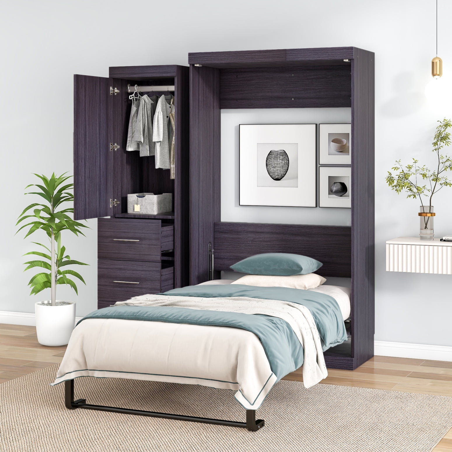 Twin Murphy Bed with Storage Cabinet and Wardrobe, Fold Down Wall Bed ...