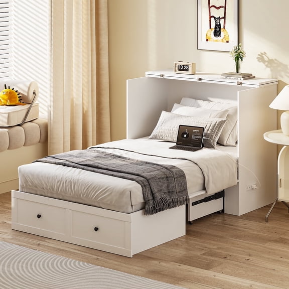 Twin Murphy Bed with Built-in Charging Station, Space-Saving Murphy Bed Chest Twin with Drawer, Foldable, for Home Office Guest Room Bedroom White