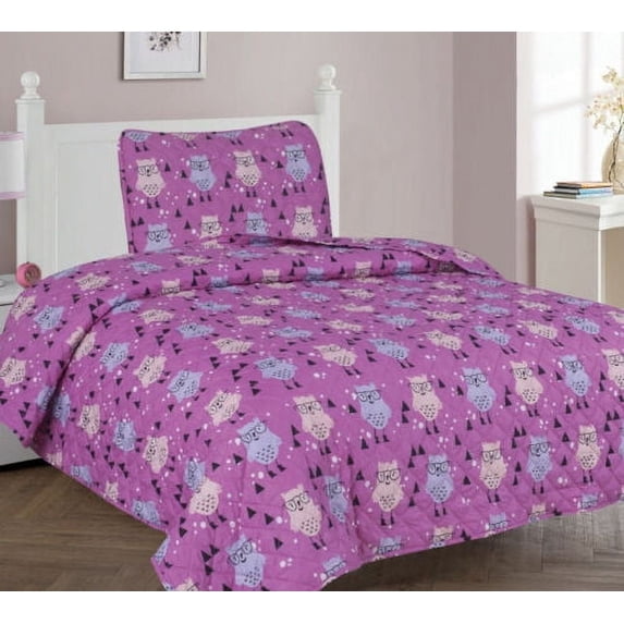 Twin OWL Kids Coverlet Bedspread Quilted Set with Pillow Sham