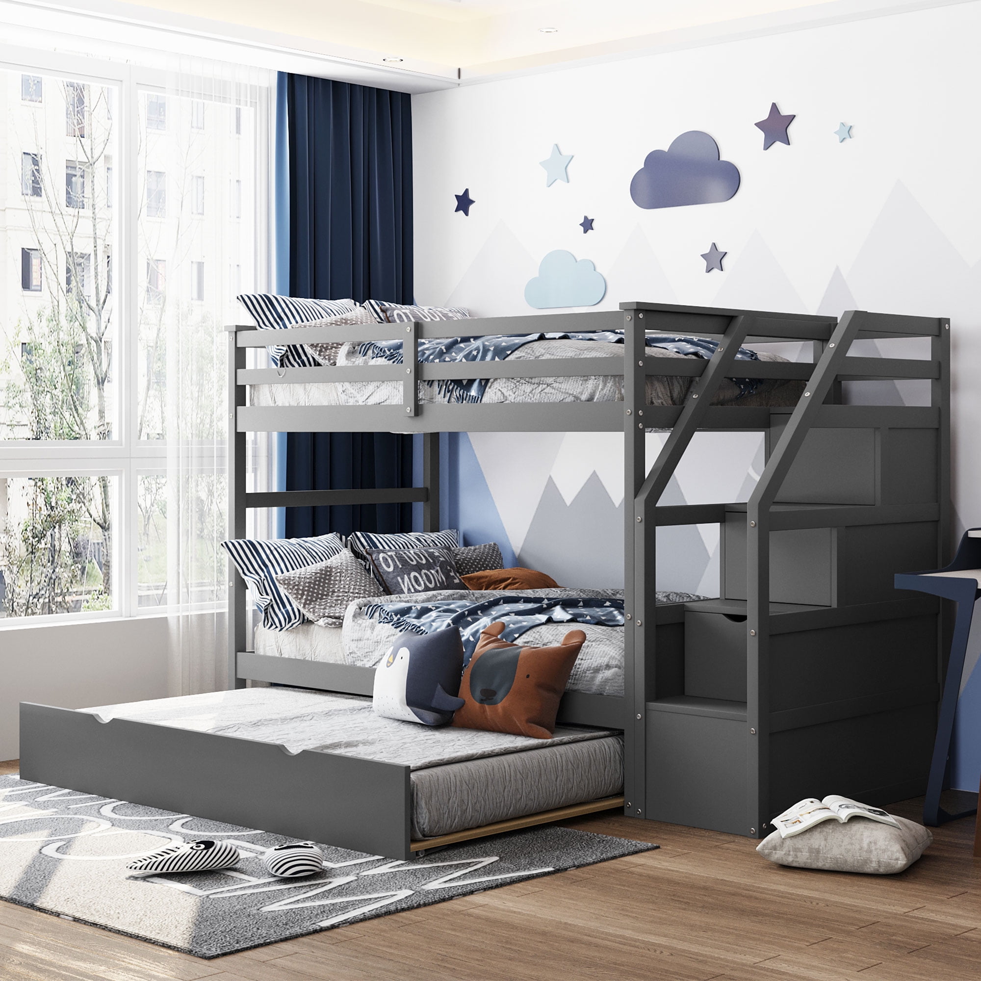 Twin Over Twin Bunk Bed 2 in 1 Wodd Bed Frame with 3 Storage
