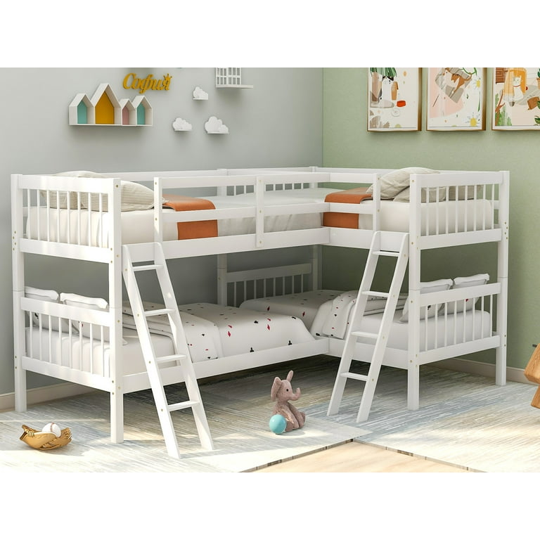 L Shaped Twin Bunk Bed for Four Solid Pine Wood with Ladder and Guardrails White
