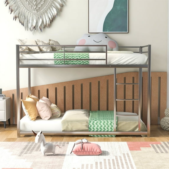 Twin Over Twin Bunk Bed, Classic Metel Bunk Bed Frame with Safety Guard Rails & Side Ladder, Heavy Duty Space-Saving, Kids Teens Bedroom Furniture, No Box Spring Needed, Silver Twin Bed