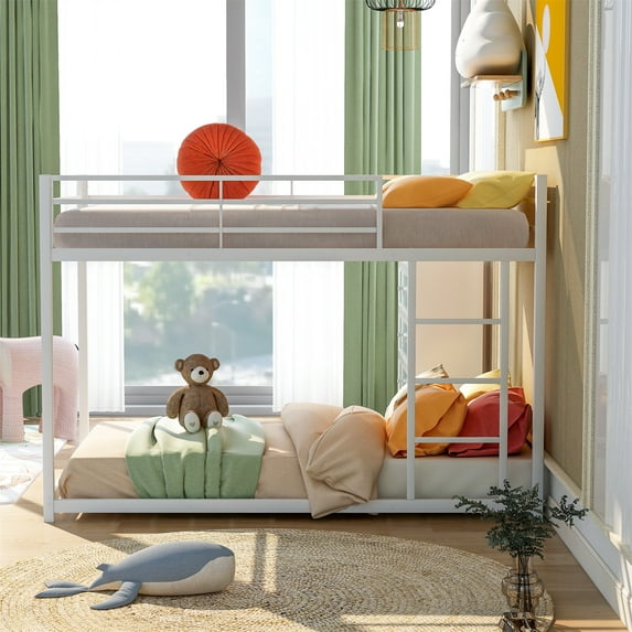 Twin Over Twin Bunk Bed, Classic Metel Bunk Bed Frame with Safety Guard Rails & Side Ladder, Heavy Duty Space-Saving, Kids Teens Bedroom Furniture, No Box Spring Needed, White Twin Bed