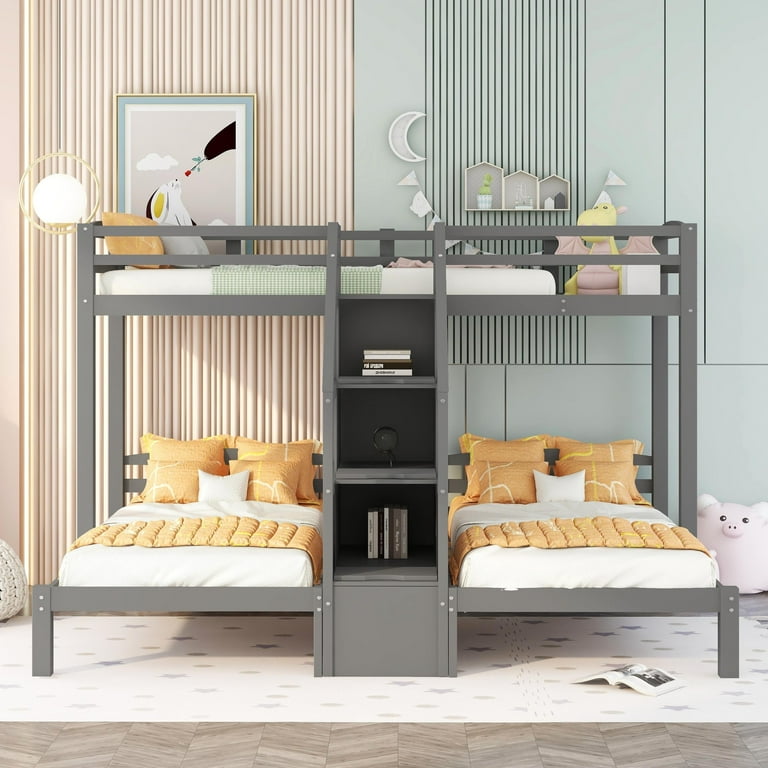 Twin Over Twin Twin Bunk Bed Frame for 3 Kids T Shaped Triple Bunk Beds with Staircases and Drawers Triple Bunk Beds with Guardrails for kids Teens Family No Box Spring Needed Gray Walmart