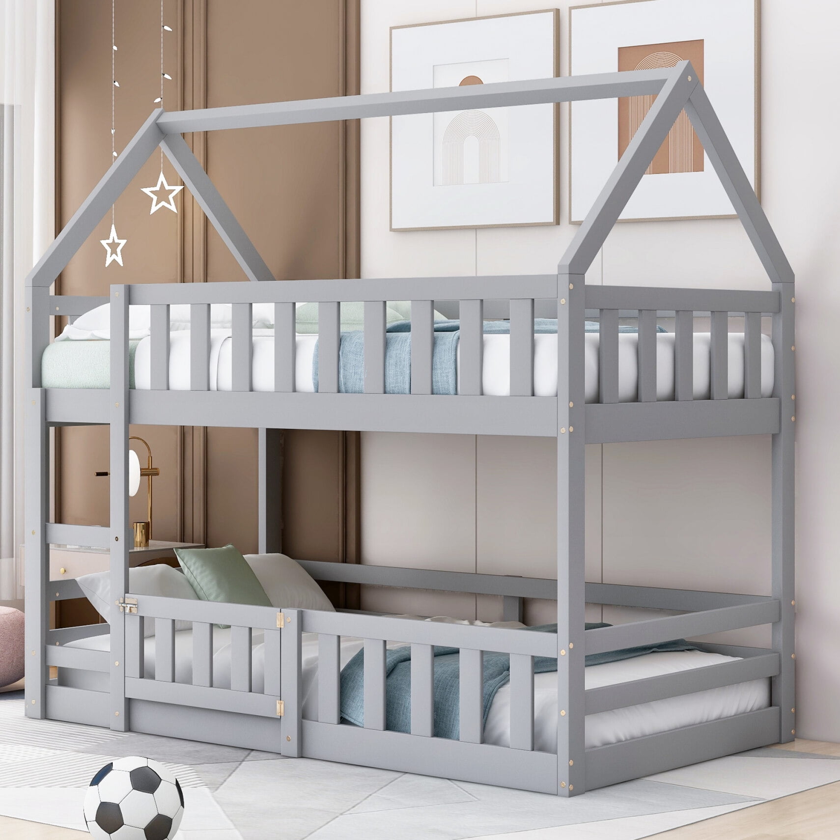 Twin Over Twin Bunk Bed with Ladder, Wooden House Low Bunk Bed with Door and Safety guardrails