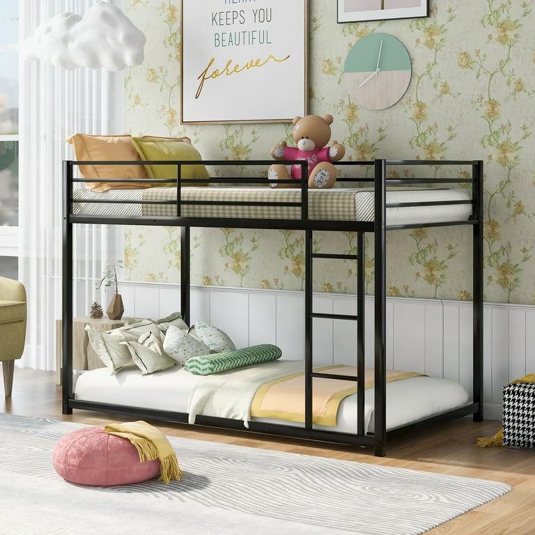 Twin Over Twin Bunk Bed Low Metal Bed Frame with Safety Guardrails and Ladder Heavy Duty 2 in 1 Bunk Beds for Kids Teens Adults Bedroom Dorm No Box