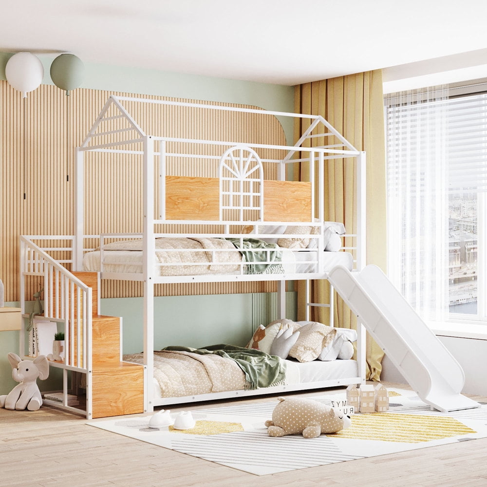 Twin Over Twin Bunk Bed, Metal Bunk Bed with Slide and Storage Stair ...