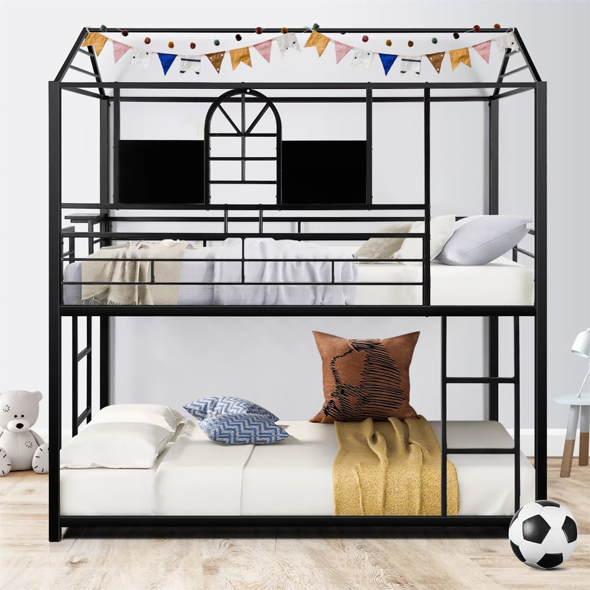 Twin Over Twin Bunk Bed, Metal House Bunk Bed with 2 Buildin Ladders