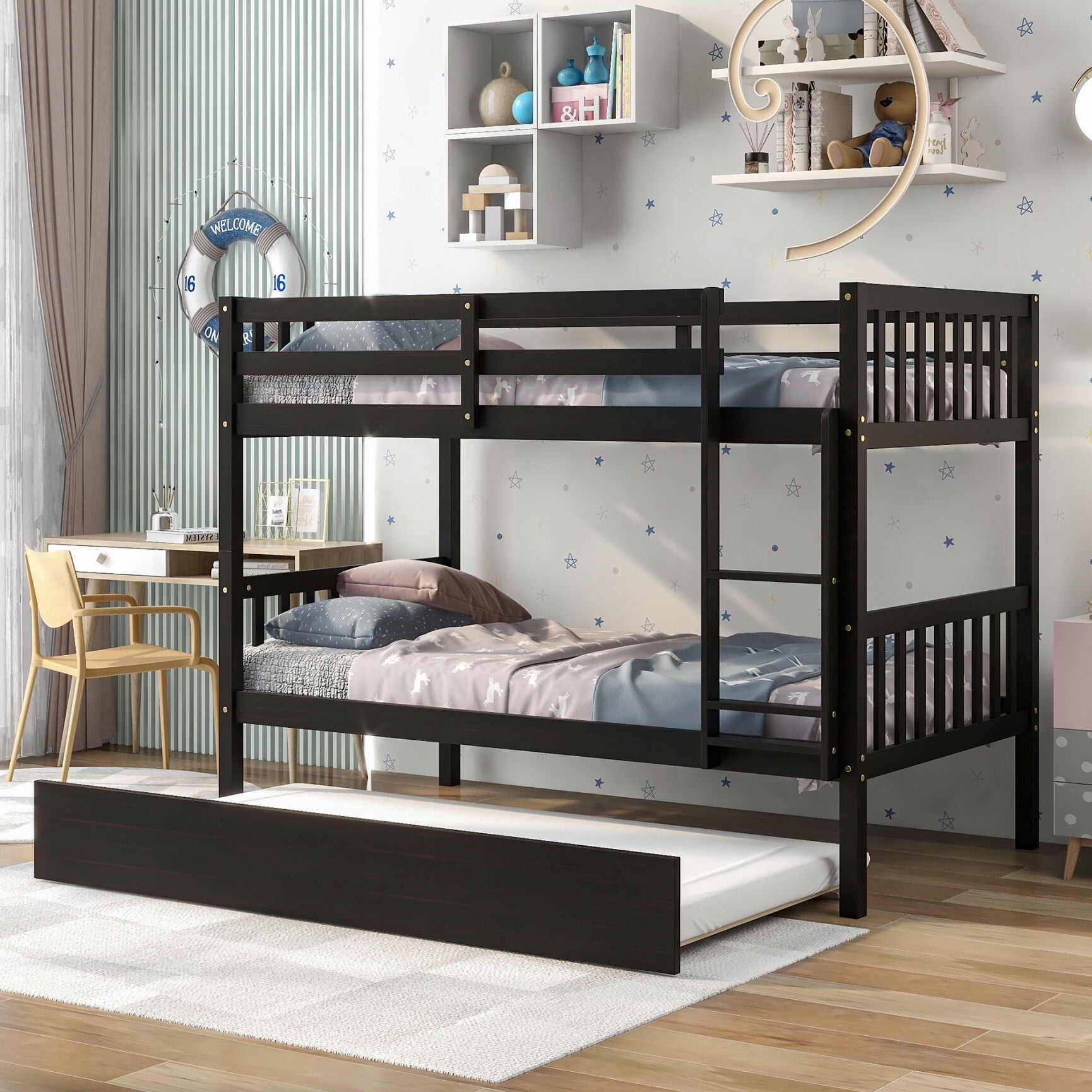 Twin Over Twin Bunk Bed with PullOut Trundle, Wood Bunk Bed Frame with