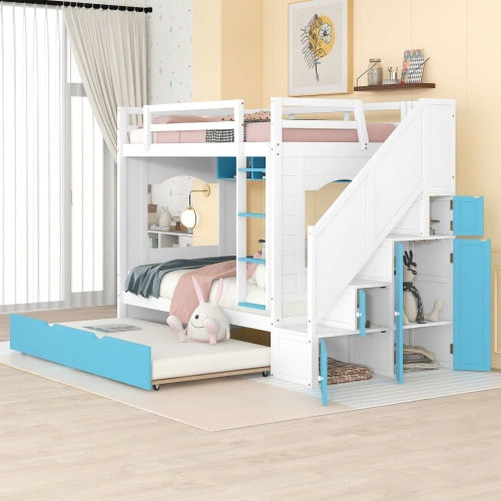 Twin Over Twin Bunk Bed with Pullout Trundle, Solid Wood Bunk Bed with
