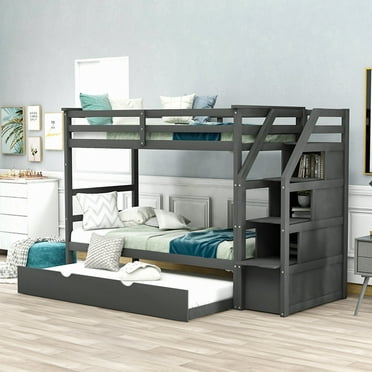 Twin Over Twin Bunk Bed with Twin Size Trundle, Solid Wood Bunk Bed Frame with 3 Storage Stairs Bunk Beds with Safety Guard Rail for Boys Girls Bedroom Dorm, No Box Spring Needed, Gray