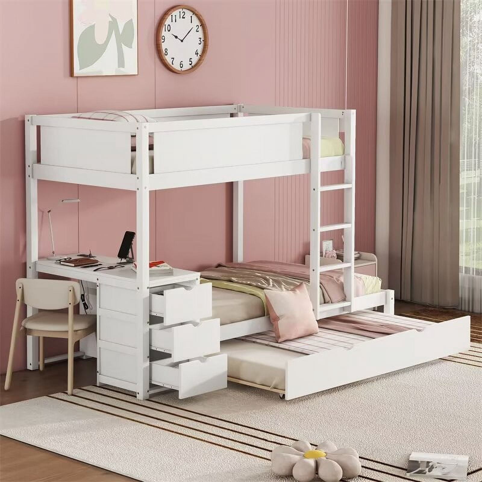 Twin Over Twin Bunk Bed with Twin Size Trundle, Storage and Desk, Solid ...