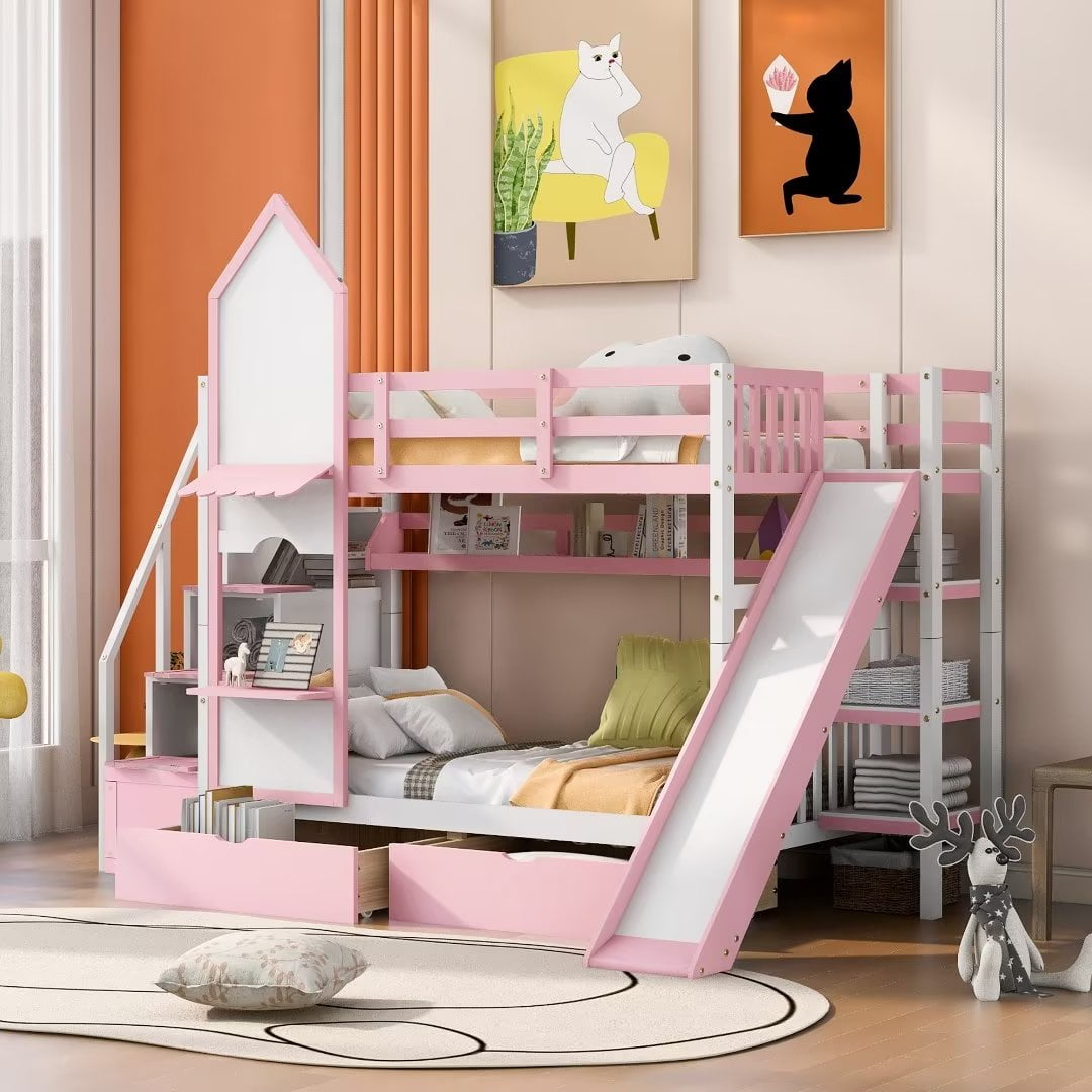 Twin Over Twin Bunk Bed with Slide Castle Style House Bunk Bed
