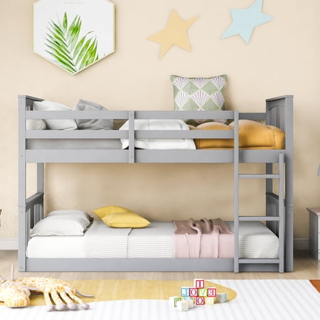 Twin Over Twin Bunk Bed with Slide, Twin Bunk Bed with Fun Slide and Ladder, Wood Loft Bed Frame Twin Bunk Bed with Slide and Ladder for Kids & Girls & Boys