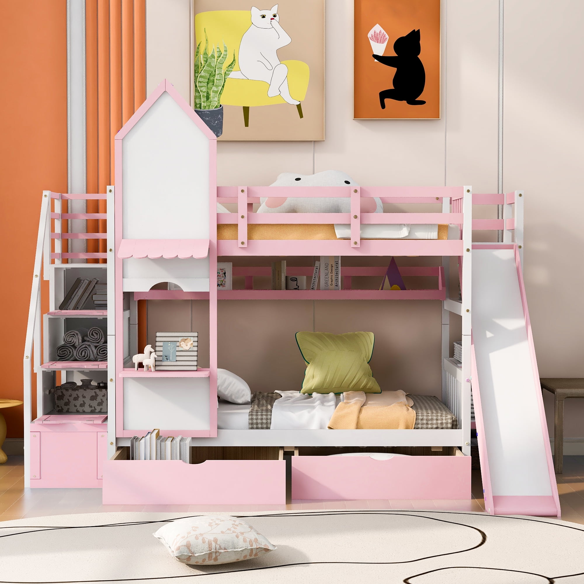Twin Over Twin Bunk Bed with Slide Kids Bunk Beds with 2 Storage Drawers and 3 Shelves for Teens Girls Boys Wood Castle Shaped Bed Frames with