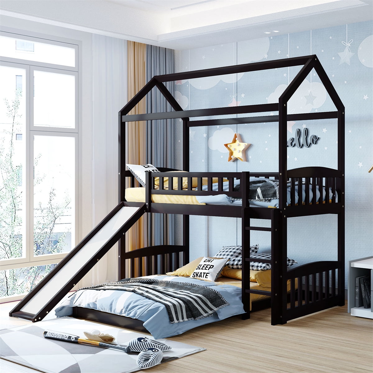 Twin Over Twin Bunk Bed with Slide, Low Twin Bunk Beds Wood Frame House ...