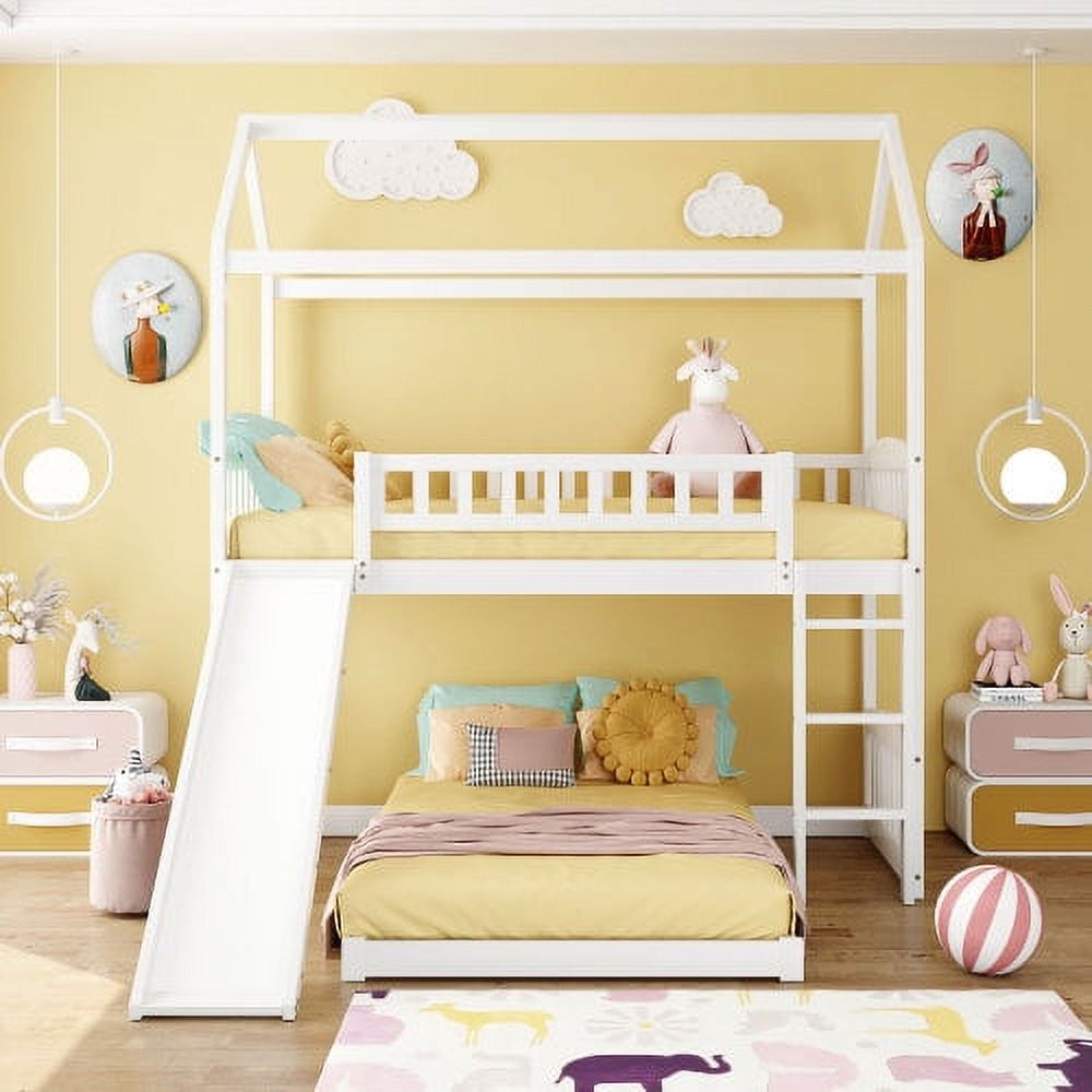 Twin Over Twin Bunk Bed with Slide and Roof, Wood Bed Frame with Built ...