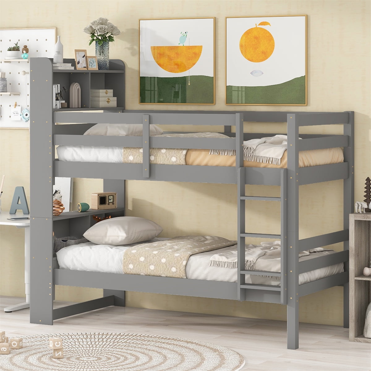 Twin Over Twin Bunk Bed, Solid Wood Bunk Bed Frame with Bookcase Headboard, Detachable Bunk Bed