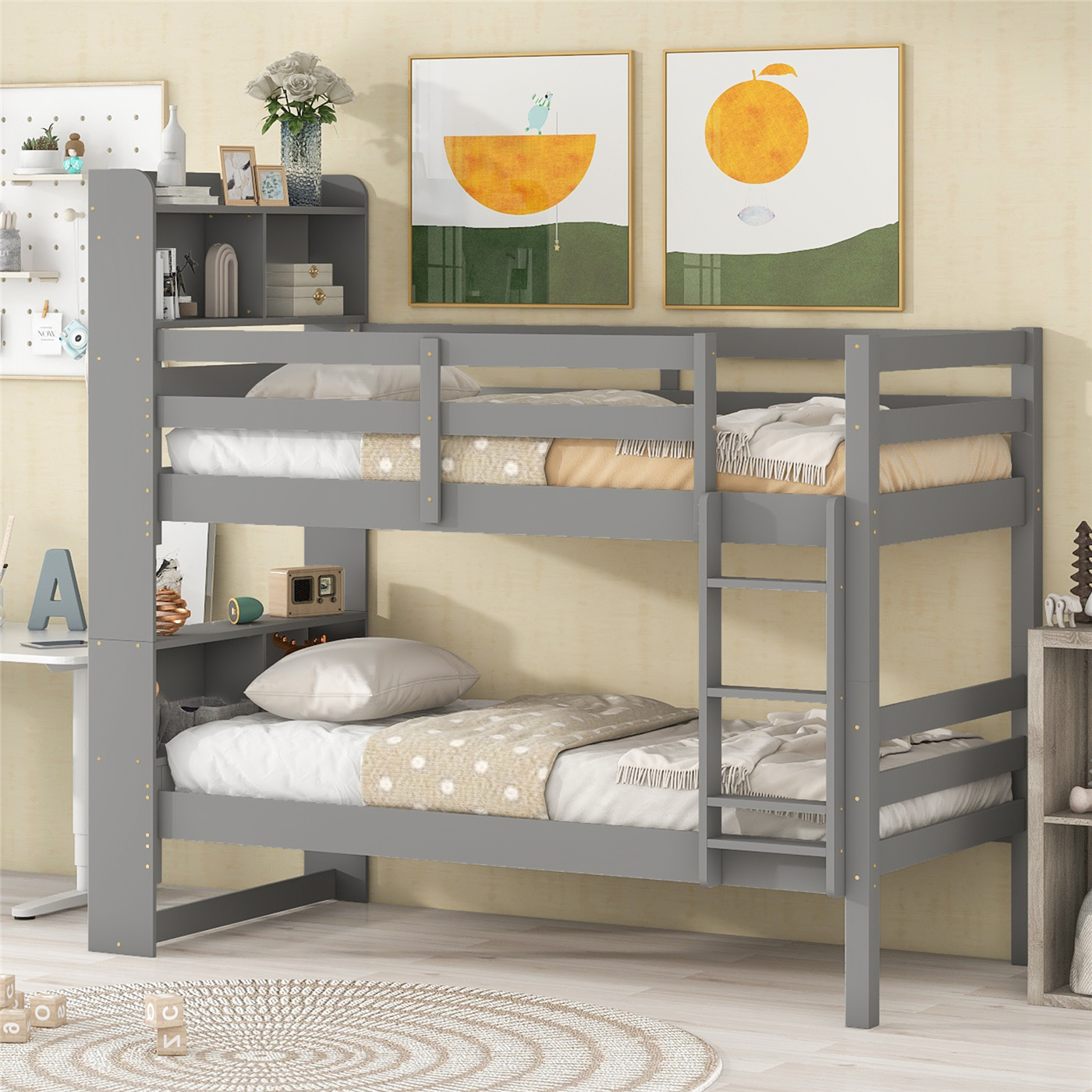 Twin Over Twin Bunk Bed, Solid Wood Bunk Bed Frame with Bookcase