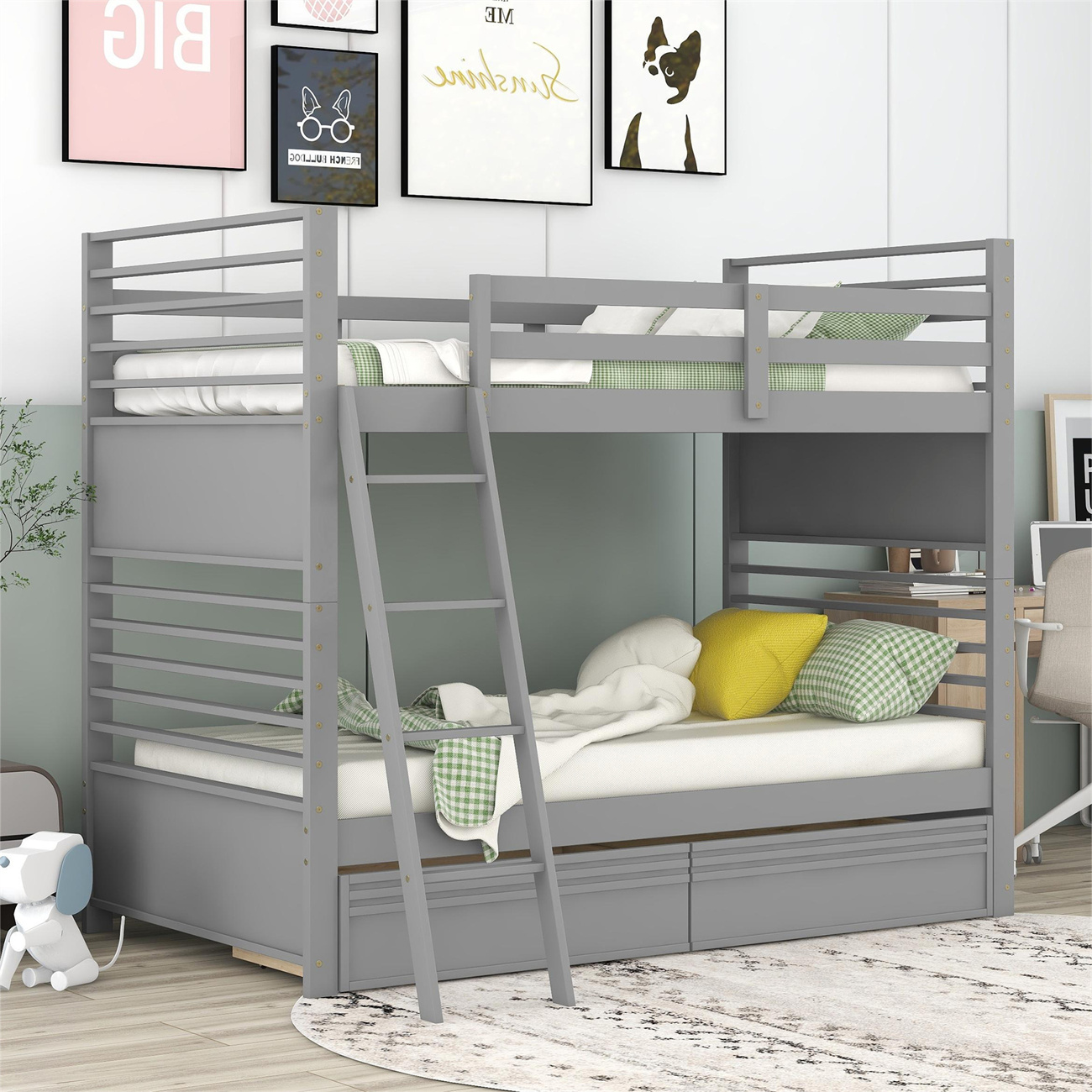 Twin Over Twin Bunk Bed, Solid Wood Bunk Bed with Two Storage Drawers