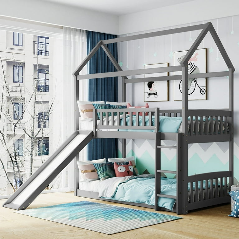 Twin Over Twin Bunk Bed with Stairs and Slide Playhouse Low Bunk Bed for Kids Girls Boys Teens Solid Wooden Bunk Bed with Storage Space for Bedroom