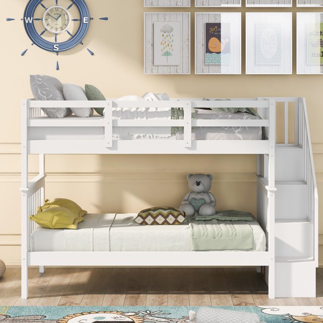 Twin Over Twin Bunk Bed with Storage Shelves, Stairs and Guard Rail