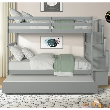 Twin Over Twin Bunk Bed with Storage, Solid Wood Bunk Bed Frame with Trundle Bed, Space Saving, Kids Bedroom Twin Bunk Bed with Staircase and Safety Guardrail, No Box Spring Needed, Gray