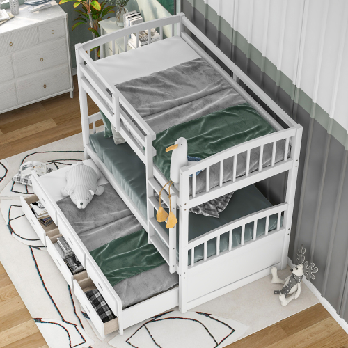 Twin Over Twin Bunk Bed with Trundle and 3 Drawers, Bedroom/Guest Room