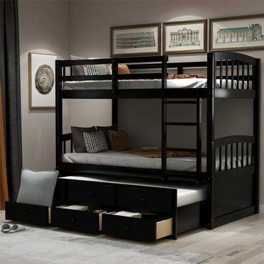 Twin Over Twin Bunk Bed with Trundle and 3 Storage Drawers,Wood Bunk Bed Frame with Ladder and Guardrail for Kids Teens Bedroom Guest Room,Convetible to 2 Separate Beds,No Box Spring Needed, Espresso