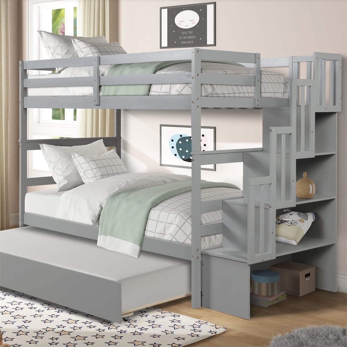 Twin Over Twin Bunk Bed with Trundle, Convertible Soild Wood Stairway