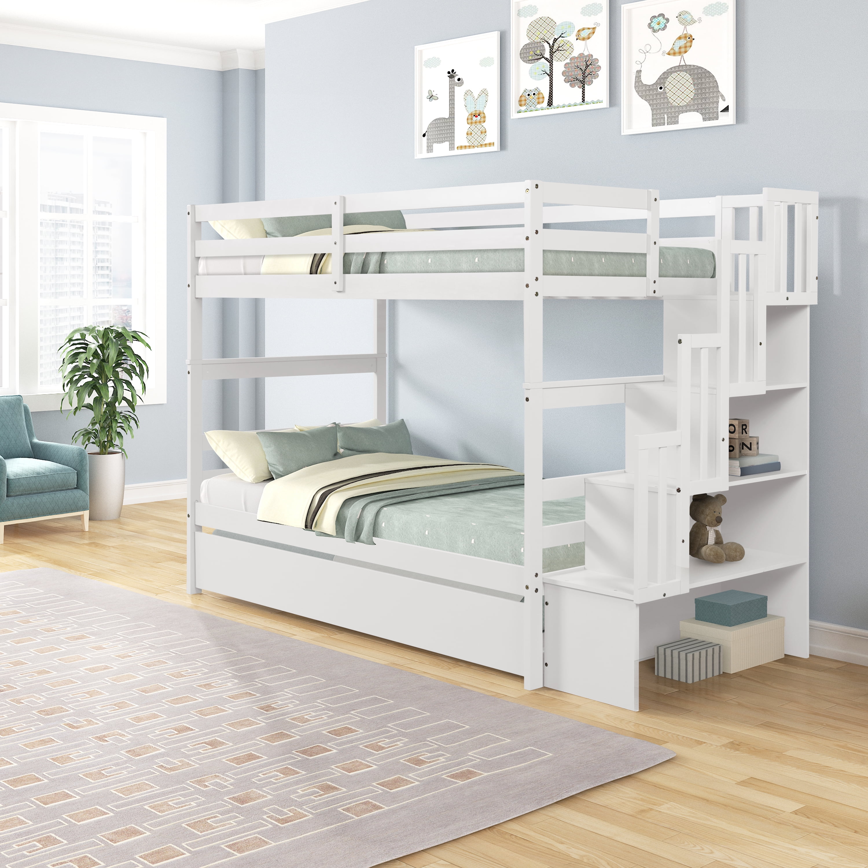 Twin Over Twin Bunk Bed with Trundle, Solid Wood Bunk Bed Frame with