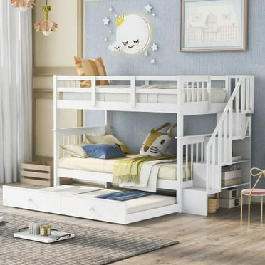 Twin Over Twin Bunk Bed with Trundle, Wood Twin Bunk Bed with Storage Stairs, Twin Over Twin Bunk Bed Frame with Guardrails, Twin Size Trundle Bunk Bed, No Box Spring Needed, Walnut