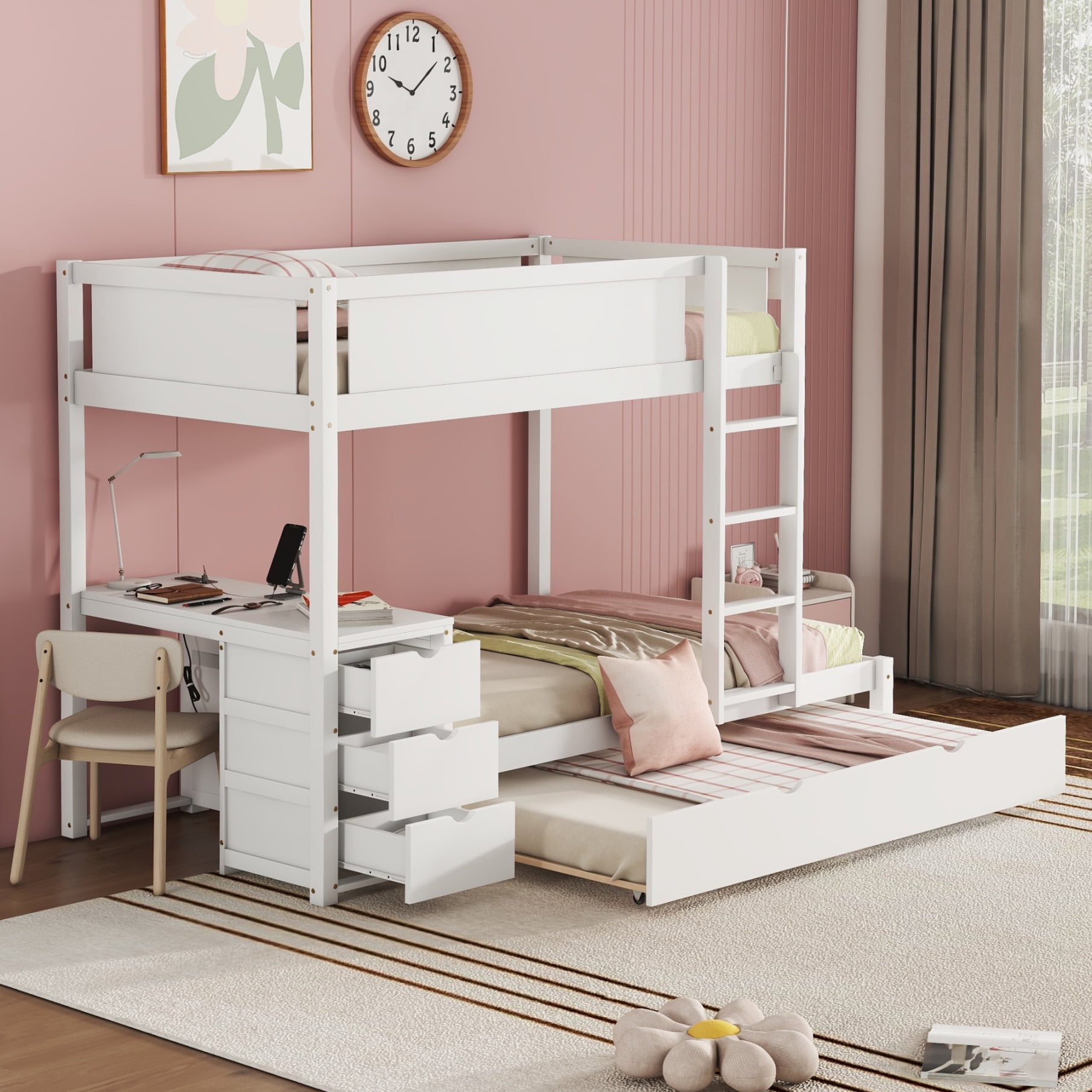 Twin Over Twin Bunk Bed with Trundle, Wooden Bunk Bed Frame with Desk