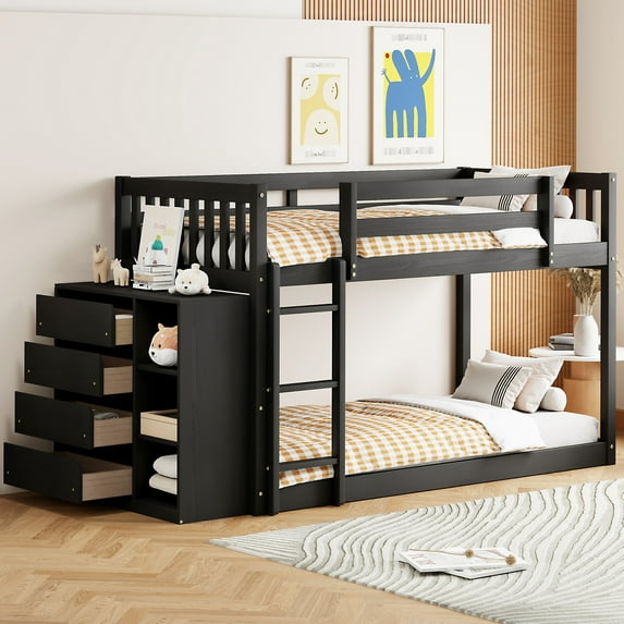 Twin Over Bunk Bed With 3 Shelves And 4 Drawers In Dark For Bedroom -colored Functional Storage Features