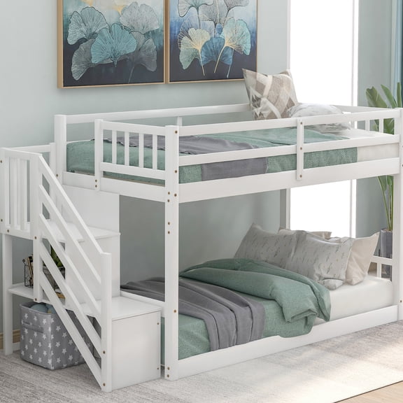 Twin Over Bunk Bed With White Intrigue And Storage - Solid Pine Structure For Curiosity Enticing Build Attraction