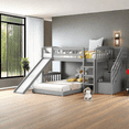 thumbnail image 1 of Twin Over Twin Bunk Bed, Wood Bunk Bed Frame with Convertible Ladder & Low Slide, Stairway Playhouse Bunk Bed with Two Storage Drawers & Full-length Guardrail for Teens, No Need Spring Box, 1 of 7