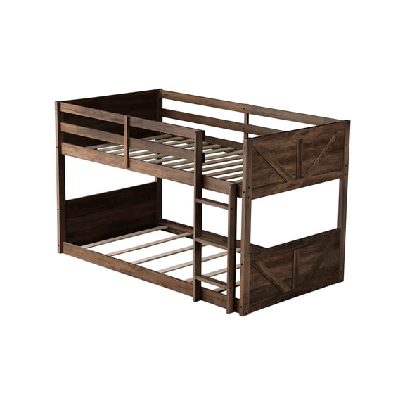 Twin Over Floor Bunk Bed In Antique Style - Rustic Headboard And Design Oak Construction For Daily Use