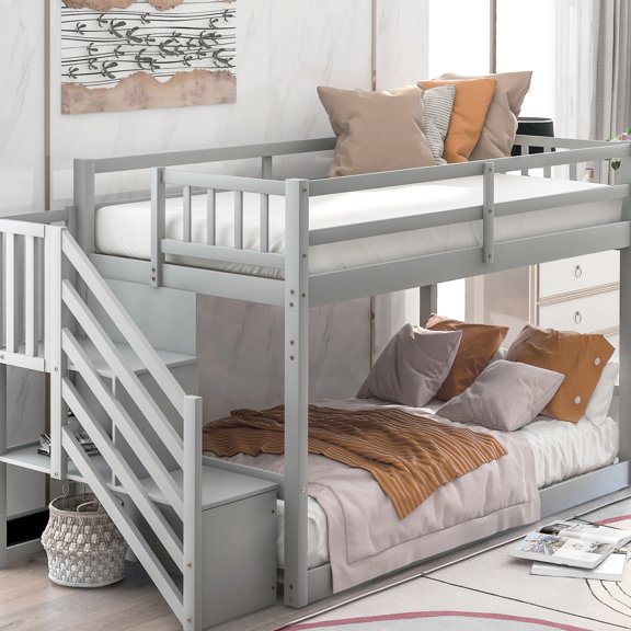 Twin Over Floor Bunk Bed In Gray With Storage Option - Quality & Stylish Convenient