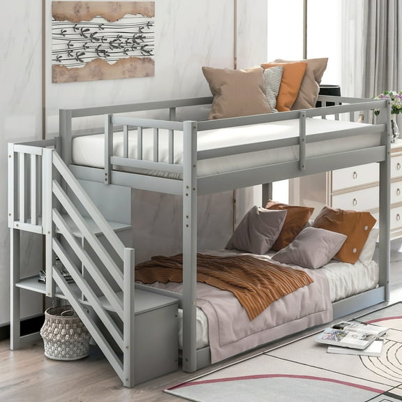 Twin Over Floor Bunk Bed In Gray With Storage - Safe & Functional Space Practical
