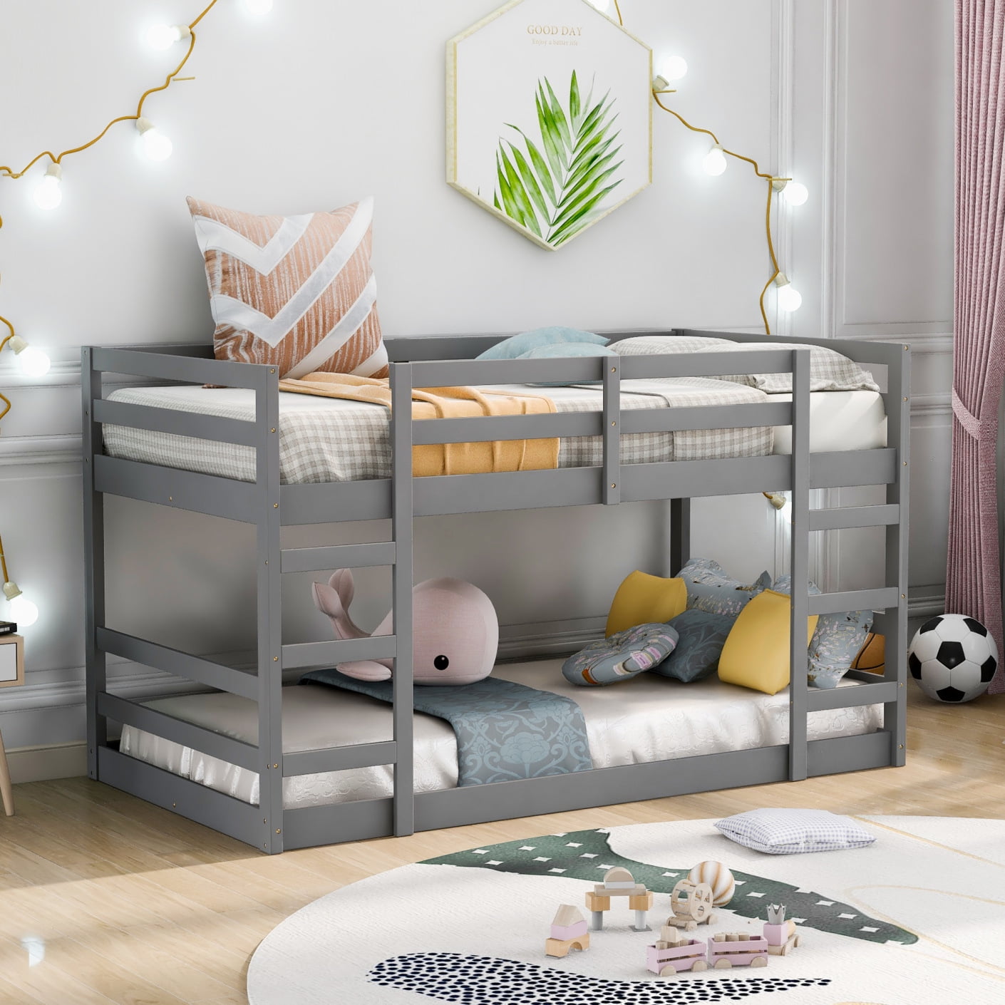 Twin Over Twin Floor Bunk Bed with Ladder, Solid Pine Wood Low Bunkbed ...