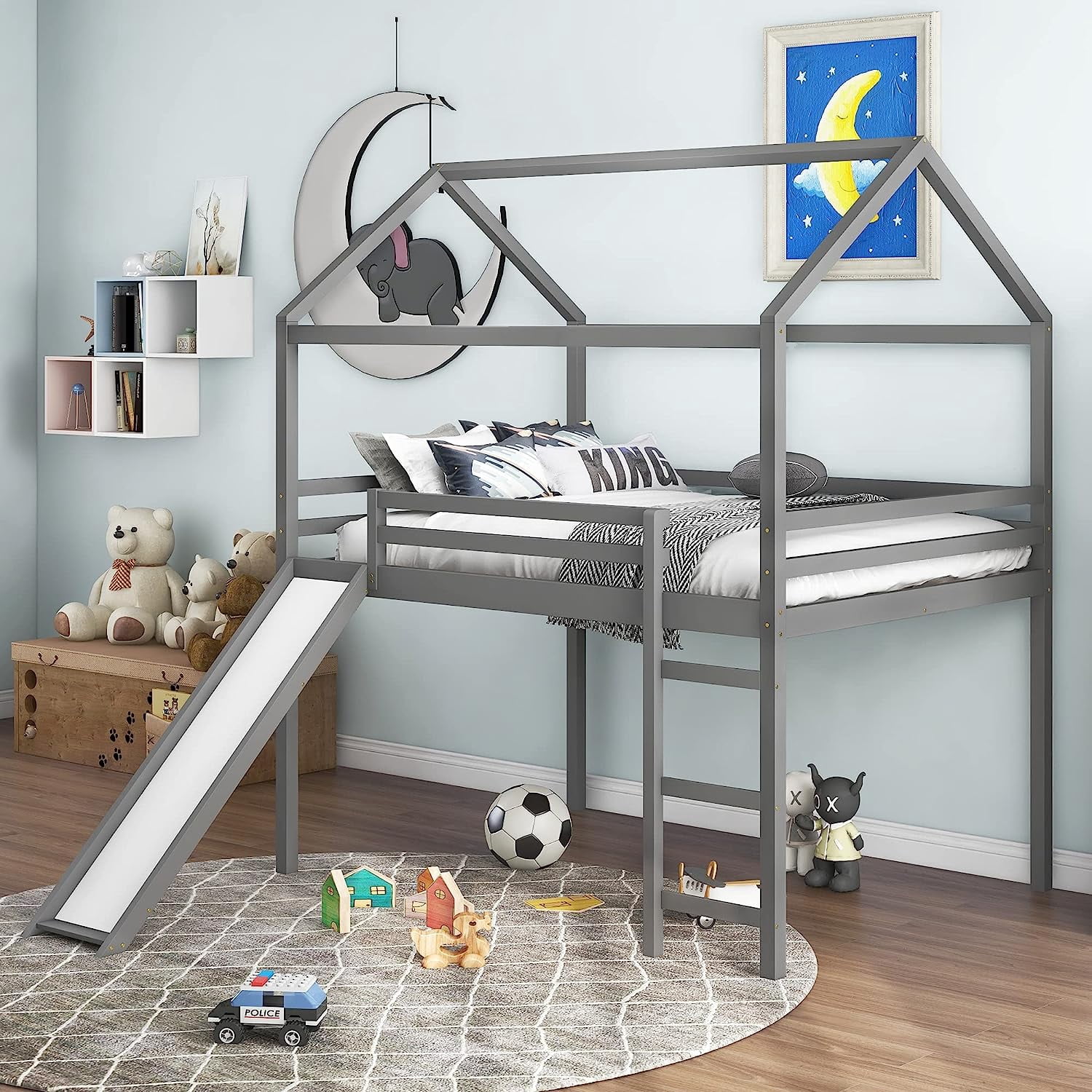 Twin Over Twin Floor Bunk Bed with Slide and Ladder Solid Pine Wood Low ...