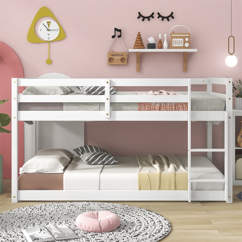 Twin Over Twin Floor Bunk Bed, Solid Wood Bed Frame with Safety Guard ...